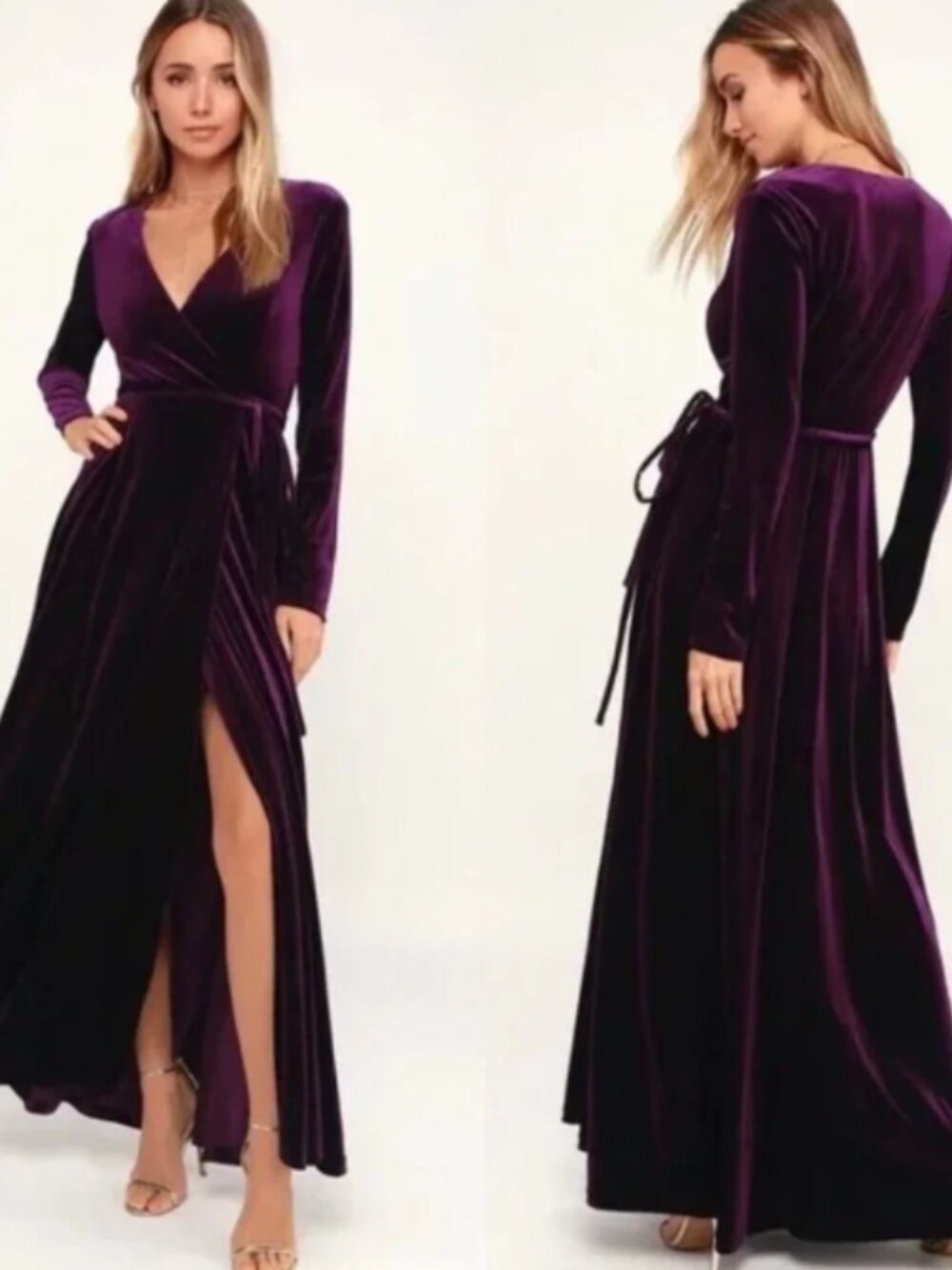 Lulus Purple Velvet Wrap Maxi Dress Long Sleeves Sz M Dark Romantic